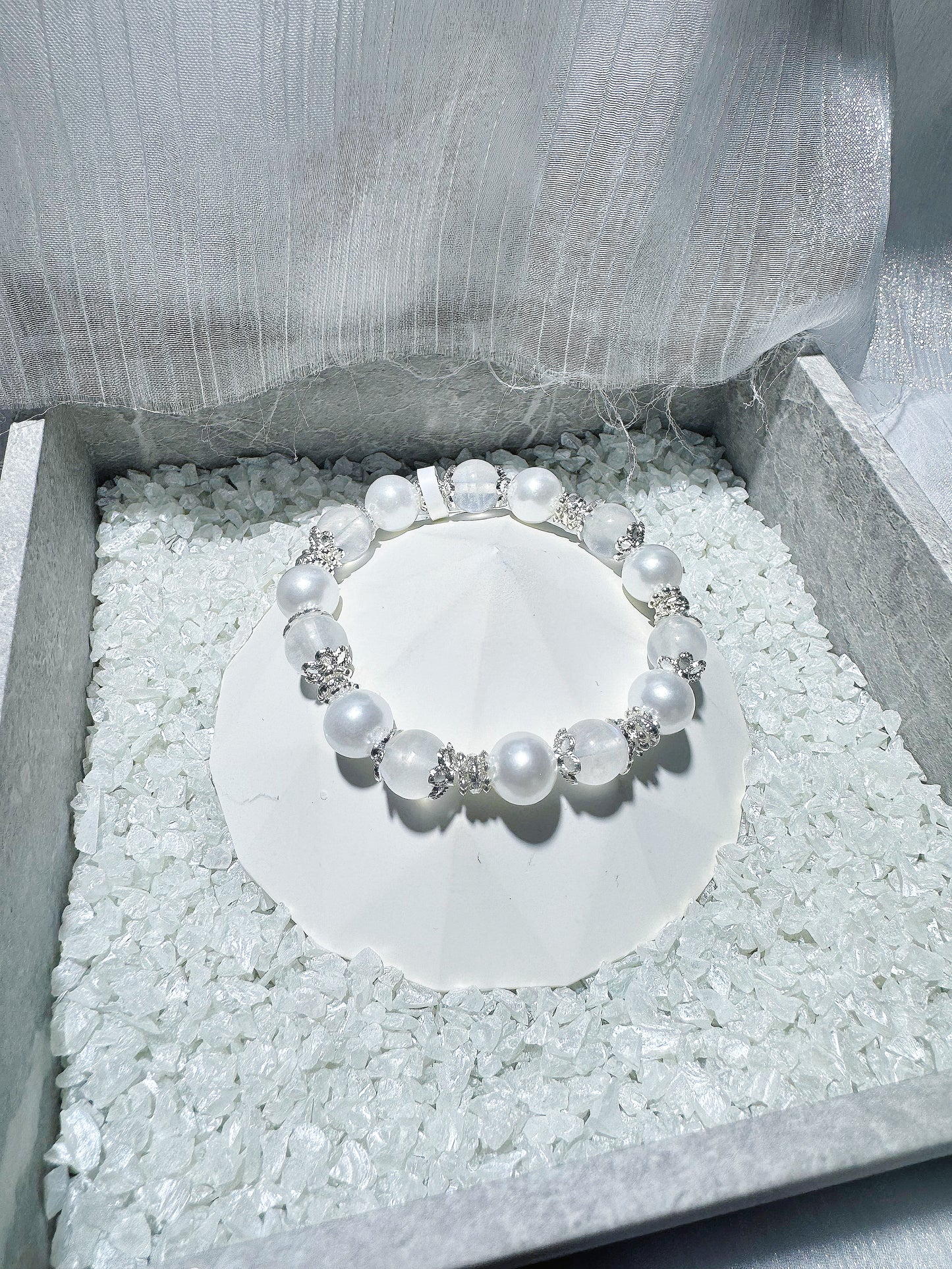 Blue Flash Moonstone x Faux Pearls in SHW/GHW