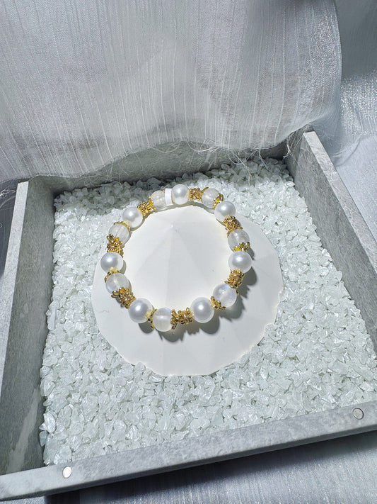 Blue Flash Moonstone x Faux Pearls in SHW/GHW